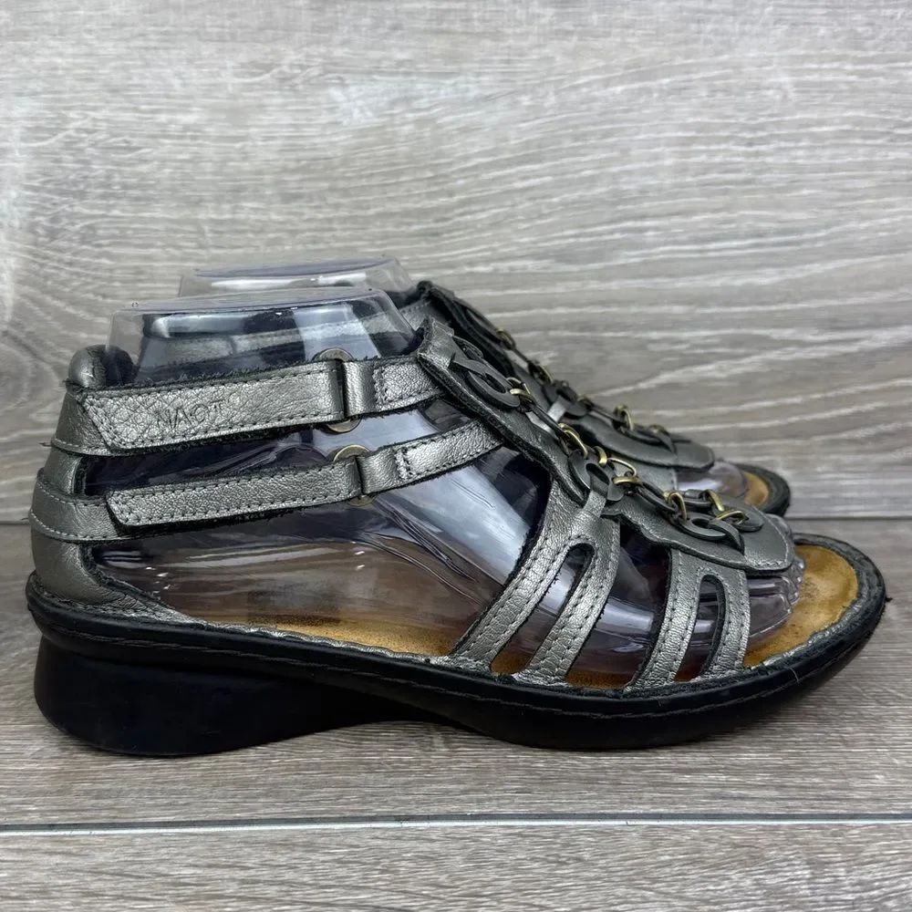 Naot Trovador Women’s Sz 6/EU 37 Metallic Gray Leather Hook & Loop Metal Sandals